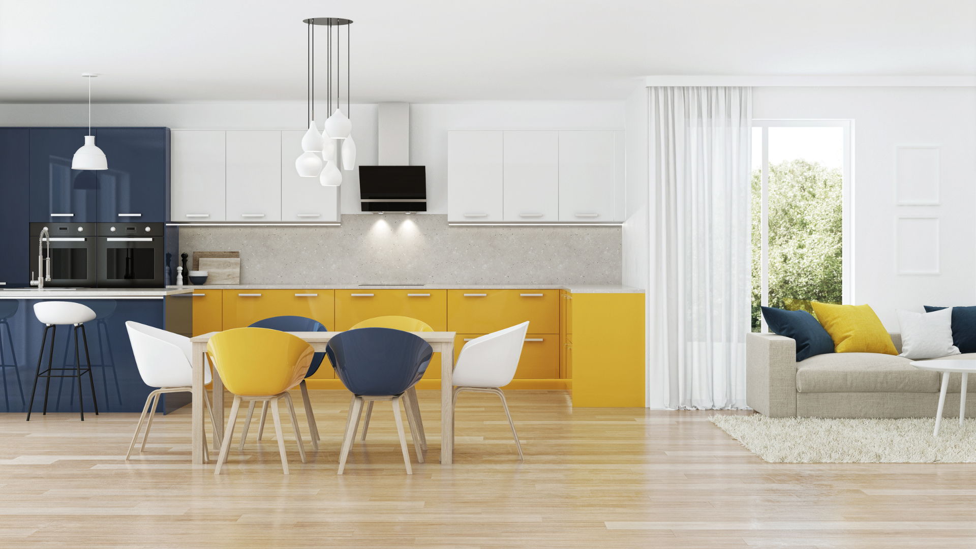 Interior design of a bold, contrasting yellow and blue kitchen