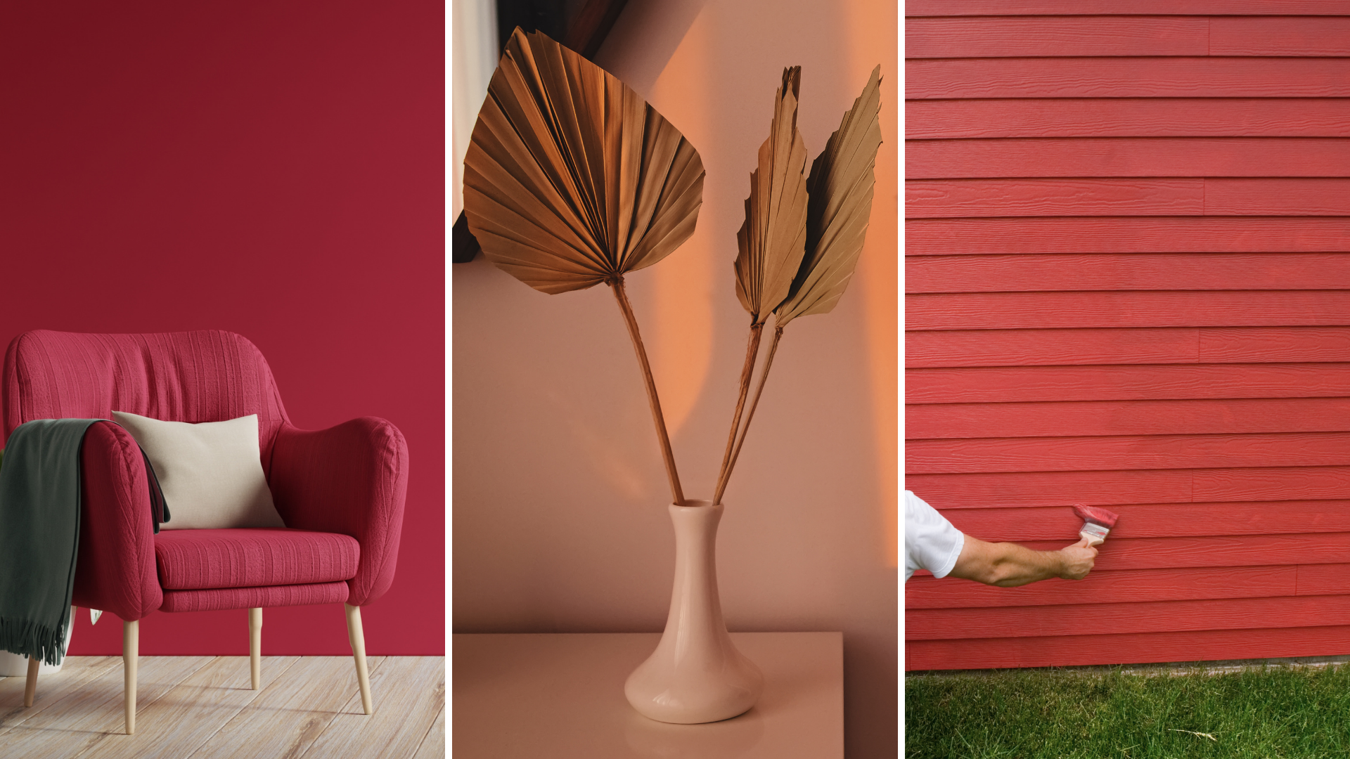 2023 Color Trends Collage of Viva Magenta Accent Chair and Redend Point Decorative Vase and Exterior Home Paint Color Raspberry Blush