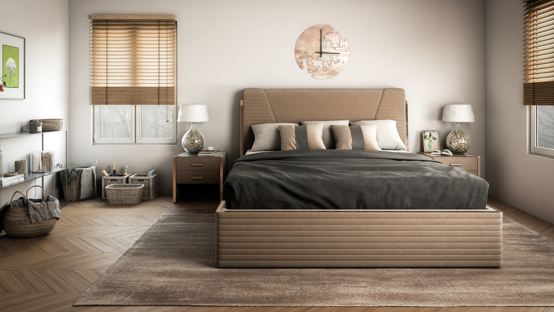 Scandinavian Master Bedroom Interior Design with Hardwood Chevron Floors and Accent Rug