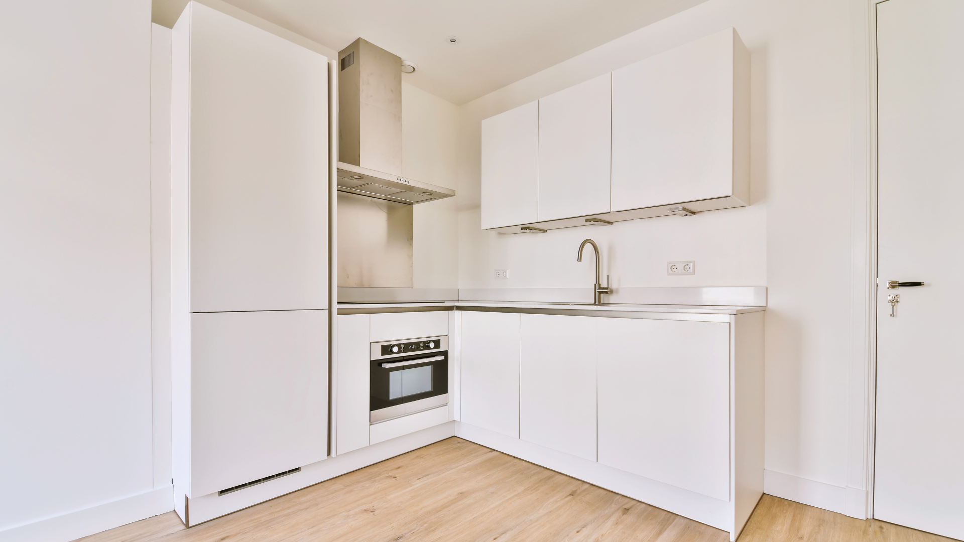 Light Small Kitchen Ideas - White Kitchen Cabinets with White Compact Fridge