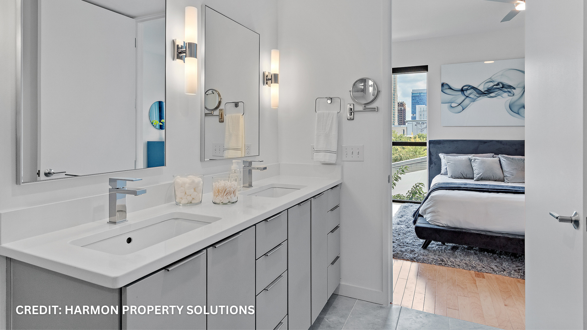 Modern grey and white bathroom real estate photography