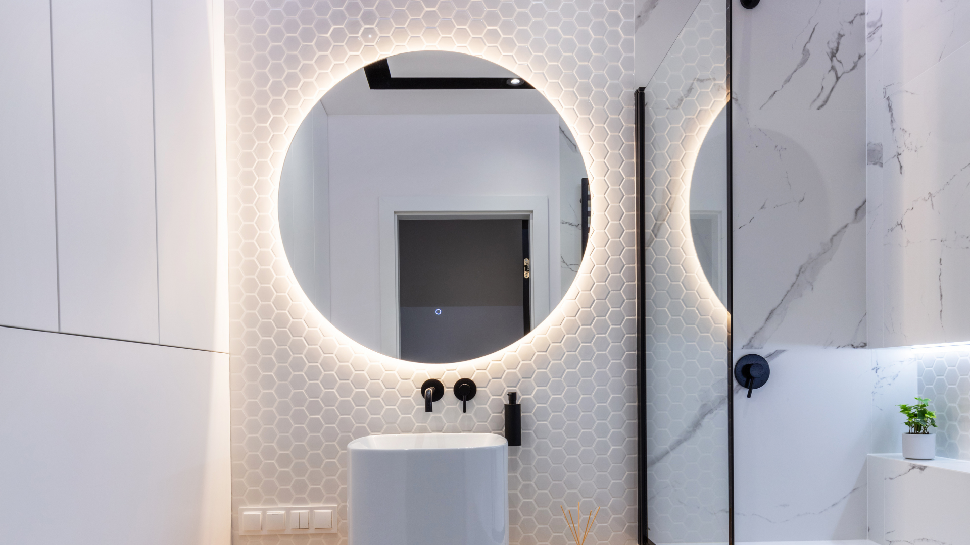White Modern Small Bathroom Remodel Ideas with Round LED Mirror
