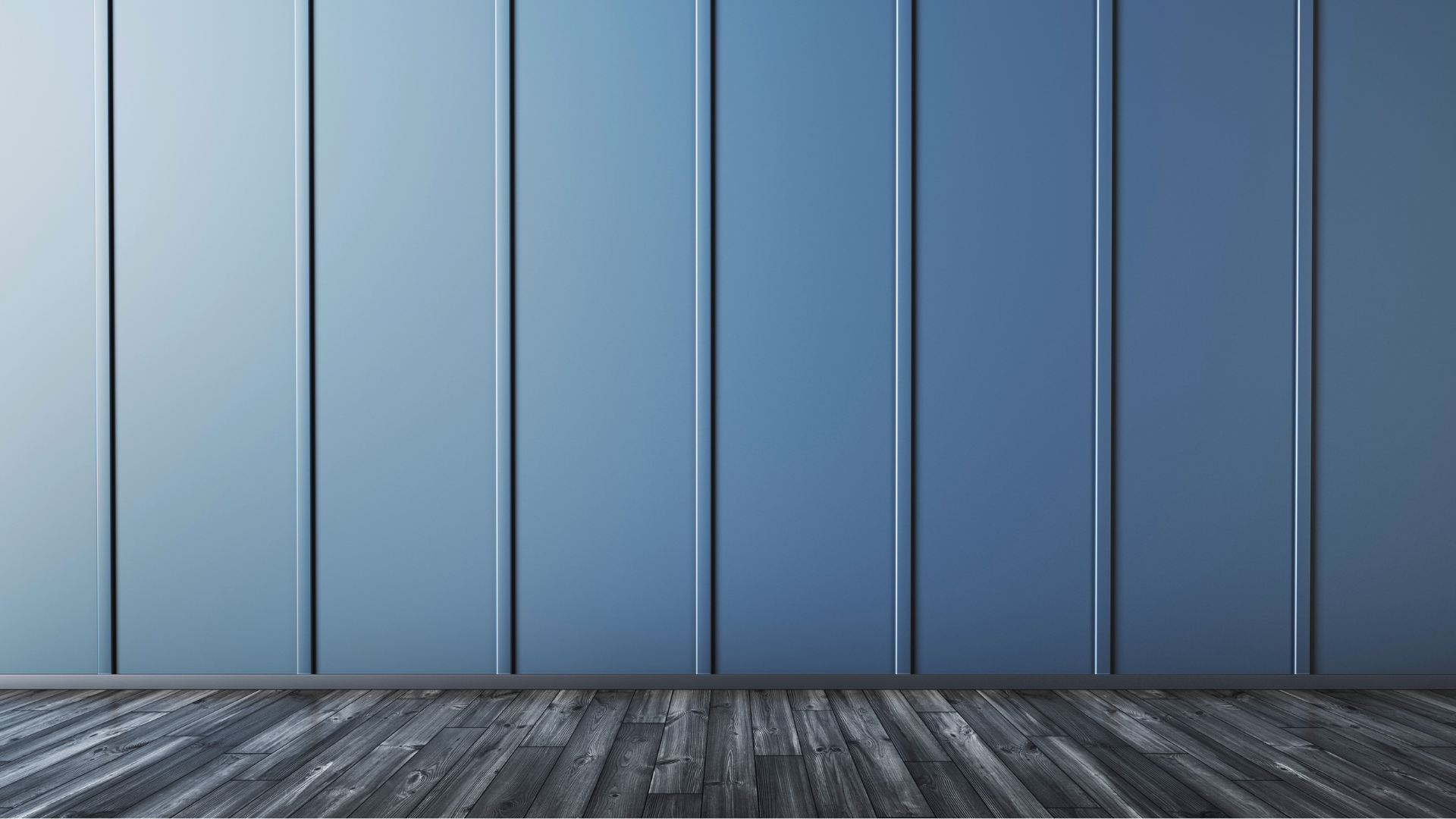 3D Rendering of Thin Battens on Blue Wall with Grey Luxury Vinyl Plank Flooring